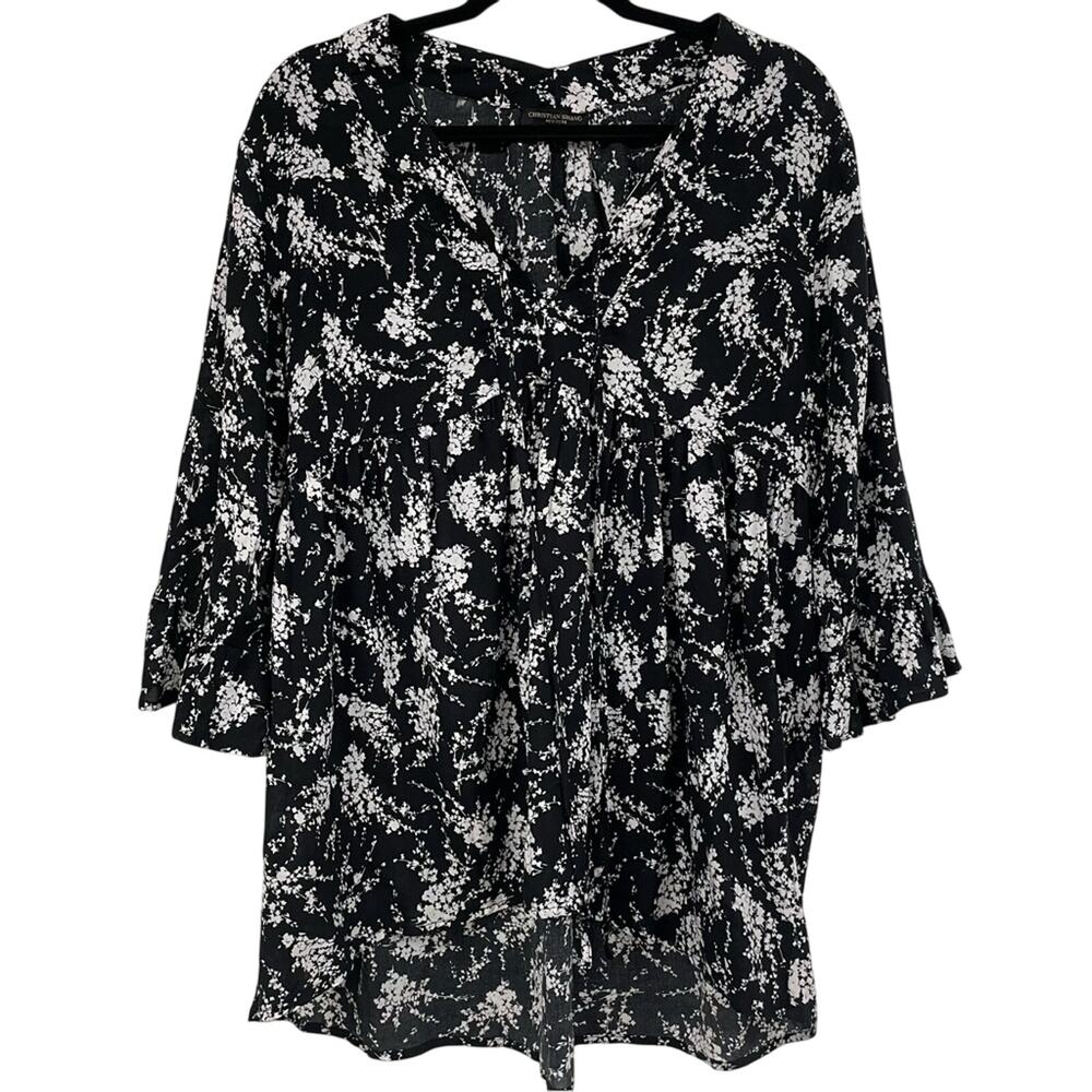 Christian Siriano Black White Floral Print Boho Rayon Bell Sleeve Blouse Women S